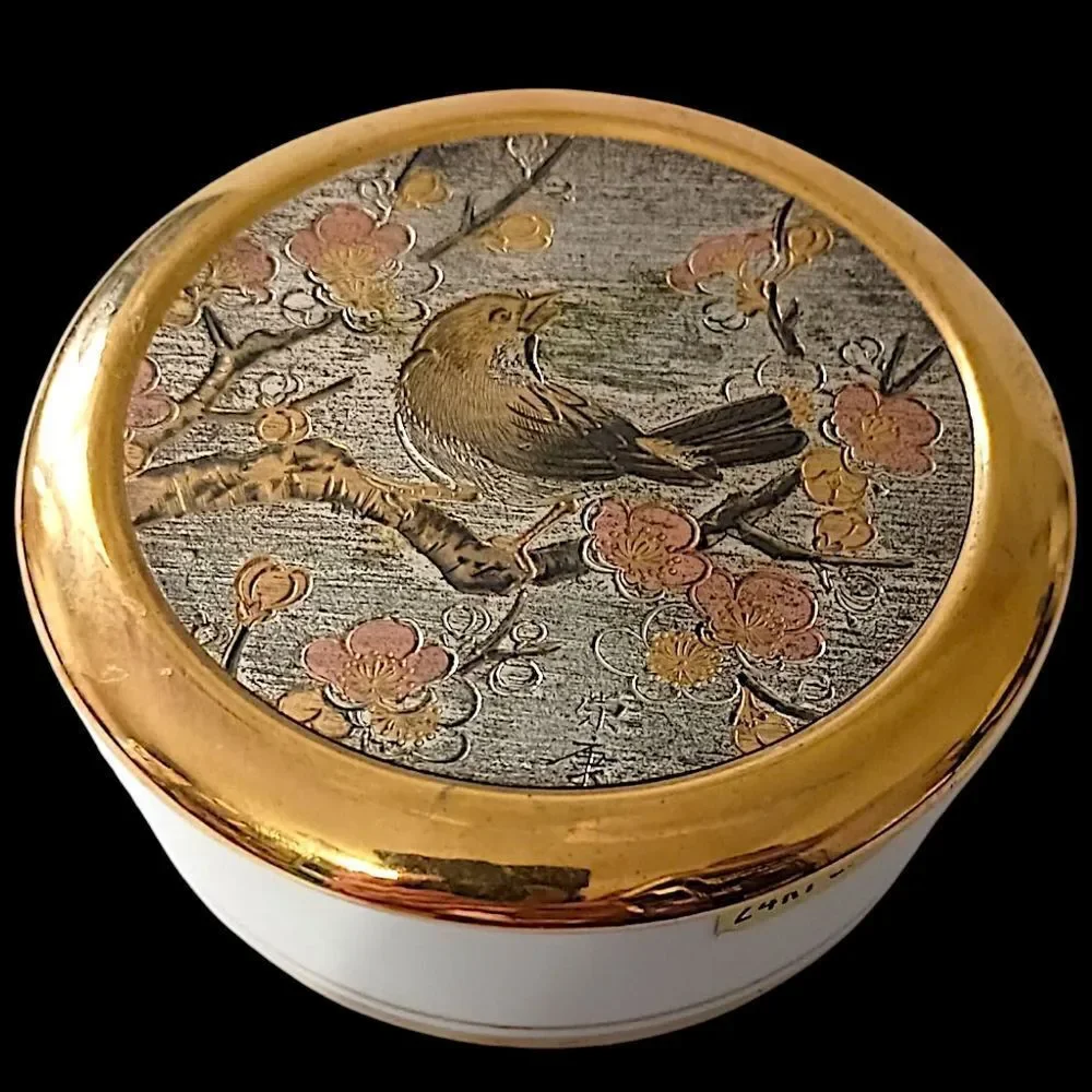 Art of Chokin Trinket Dish Jewelry Box Etched Birds Floral Gold MCM Romantic‎